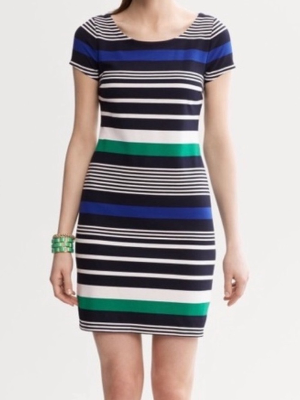 Banana Republic Navy, White, Royal Blue & Green Striped Short-Sleeve Mini Dress